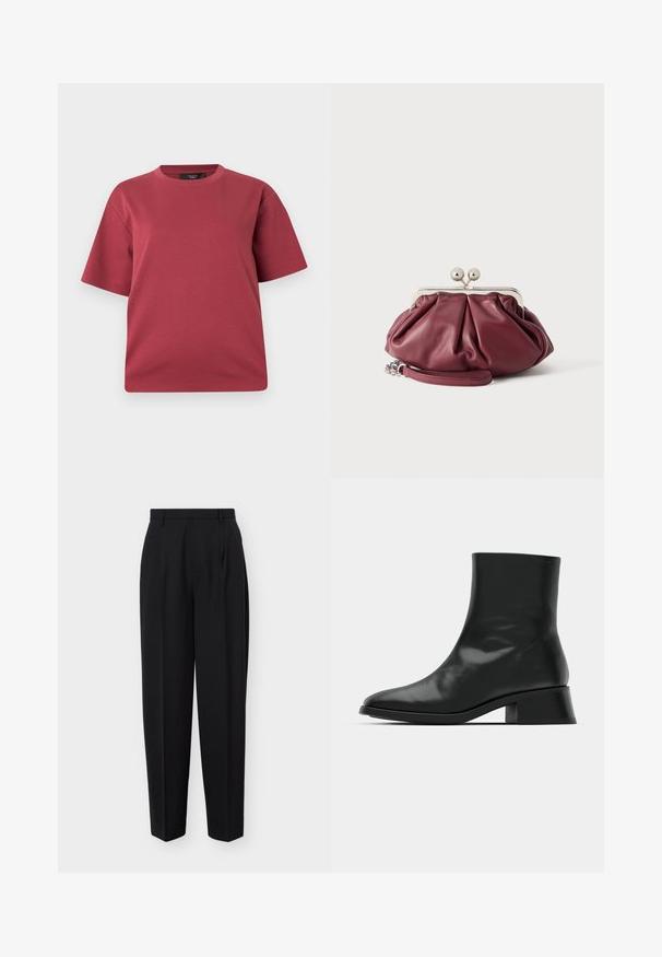 T-shirt à manches courtes et col rond couleur rose poudré avec une coupe décontractée, présenté sur un fond blanc uni.; Pantalon noir taille haute, cintré, avec passants pour ceinture, plis sur le devant, et jambes droites, présenté sur un fond blanc uni.; Bottine noire en cuir brillant, au design épuré, avec un bout pointu et un petit talon bloc pour plus de stabilité.; Petite pochette en cuir bordeaux avec fermoir en métal argenté et bracelet pour poignet sur fond blanc.