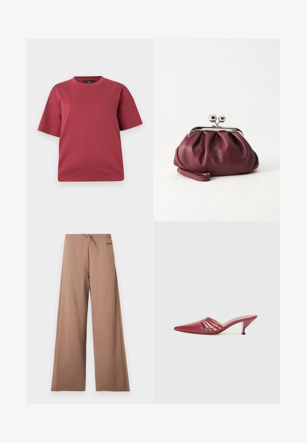 Kortærmet T-shirt med rund hals i støvet rosa med en afslappet pasform, vist på en ensfarvet hvid baggrund.; Brune bukser med vide ben, elastisk talje, snøre og lille logopatch på højre side nær taljen.; Røde lædermules med spids tå og lav hæl, med udskårne sideaccenter og en glat tekstur. Slankt og strømlinet design.; Lille bordeauxlæder clutch-pung med sølv metal lukning og håndledsrem på hvid baggrund.