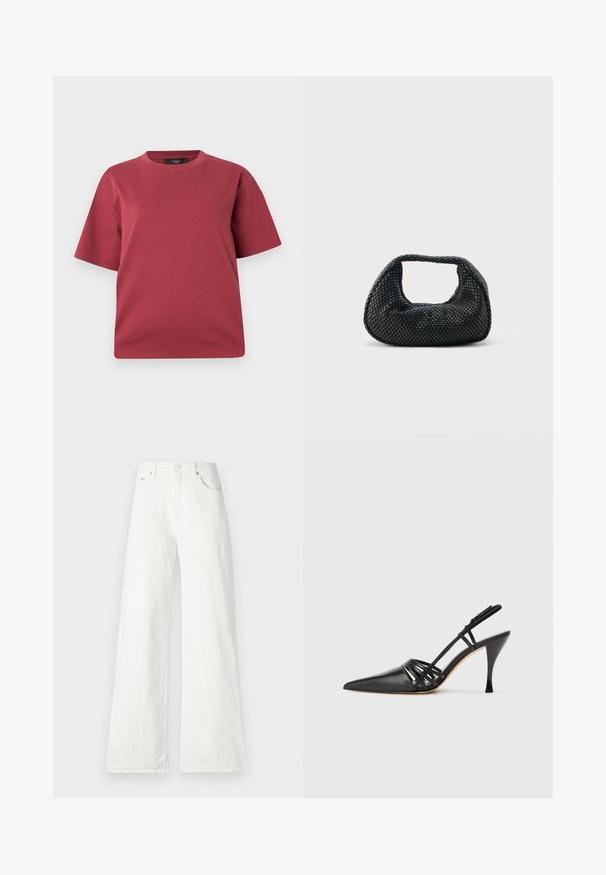 Kortærmet T-shirt med rund hals i støvet rosa med en afslappet pasform, vist på en ensfarvet hvid baggrund.; Hvide brede jeans lavet af denim, med høj talje, fem-lomme design og knaplukning foran. Glat tekstur.; Sort læder højhælede slingback-sko med spids tå, crisscross-remdesign og slank stiletto-hæl. Glat tekstur og minimale accenter.; Sort flettet hobo-taske med blød struktur og integreret håndtag, vist på en ensfarvet lys baggrund.