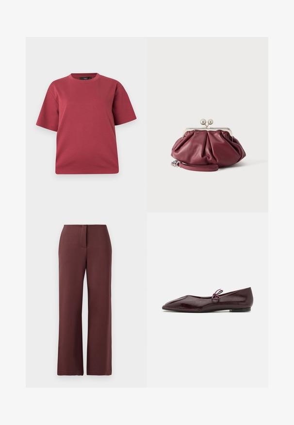Kortærmet T-shirt med rund hals i støvet rosa med en afslappet pasform, vist på en ensfarvet hvid baggrund.; Bordeaux brede bukser lavet af glat stof, med lynlås, skræddersyet pasform og rene linjer for et struktureret udseende.; Ballethæle i bordeaux laklæder med spids tå og en dekorativ lilla sløjfe på forfoden; flad såldesign.; Lille bordeaux rød læder clutch-pung med sølv metal lukning og håndledsrem på hvid baggrund.