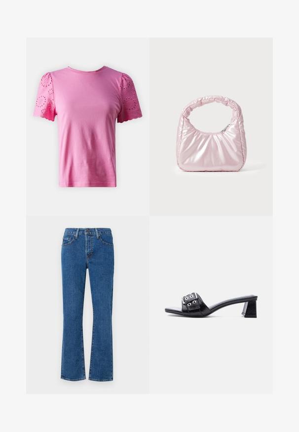 Camiseta de algodón rosa que presenta mangas cortas de encaje de ojo con recortes circulares y bordes festoneados, escote redondo y un corte relajado.; Jeans de mezclilla azul claro con corte recto, diseño de cinco bolsillos y detalles de costura. La tela tiene textura con un ligero desvanecimiento.; Mule negro de punta abierta con tacón bajo de bloque y una amplia correa que presenta detalles de hebilla plateada y ojales, mostrado desde un lado.; Bolso de mano acolchado en color rosa con un diseño redondeado, fabricado en material brillante. Presenta un asa fruncida y un cierre de cremallera para un acceso seguro.