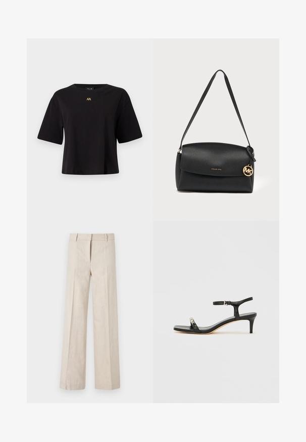 T-shirt noir à manches courtes en coton avec une coupe décontractée, arborant un logo doré "AX" centré sur la poitrine.; Pantalons larges beige en tissu léger, présentant une texture lisse et des plis avant nets. La taille est cintrée avec des passants de ceinture.; Sandale noire en cuir à talon avec bride à la cheville, bout ouvert, devant carré et accent en métal argenté. Design ajusté avec un profil élégant.; Sac à épaule en cuir noir avec rabat, breloque logo Michael Kors dorée et bandoulière réglable sur un fond clair uni.