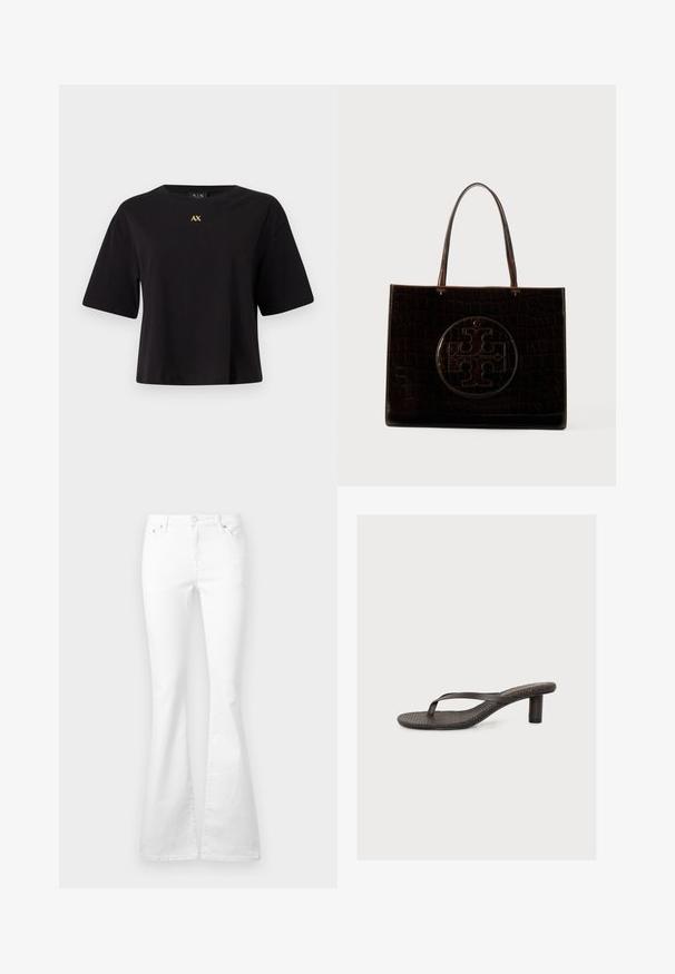 T-shirt noir à manches courtes en coton avec une coupe décontractée, arborant un logo doré "AX" centré sur la poitrine.; Jean blanc taille haute avec bouton frontal, poches et jambes évasées sur un fond clair uni.; Sandale marron à talon avec semelle texturée et fine bride unique, sur fond blanc uni.; Sac tote en cuir brun foncé avec texture crocodile et un grand logo circulaire en relief à l'avant, comportant deux poignées.