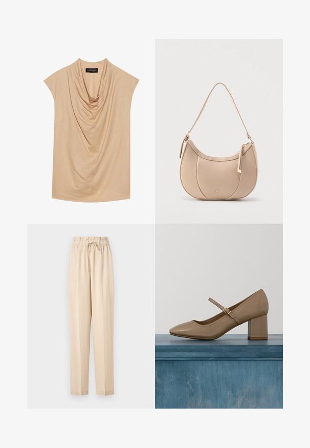 Beige drapierter Oberteil aus weichem Stoff, mit kurzen Ärmeln und einem Schalkragen. Glatte Textur mit subtilen Falten überall.; Beige, leichte Hose mit elastischem Bund, Kordelzugdetails und geradem Beinanschnitt. Glatte Textur, minimalistischer Stil.; Beiger Lederschuh mit Blockabsatz, abgerundeter Spitze und dekorativem Riemen mit goldener Schnalle. Glatte Textur, minimalistisches Design.; Beige Lederschultertasche mit mondförmiger Form, Reißverschluss oben und abnehmbarem Schulterriemen. Verfügt über goldfarbene Beschläge und gestickte Akzente.