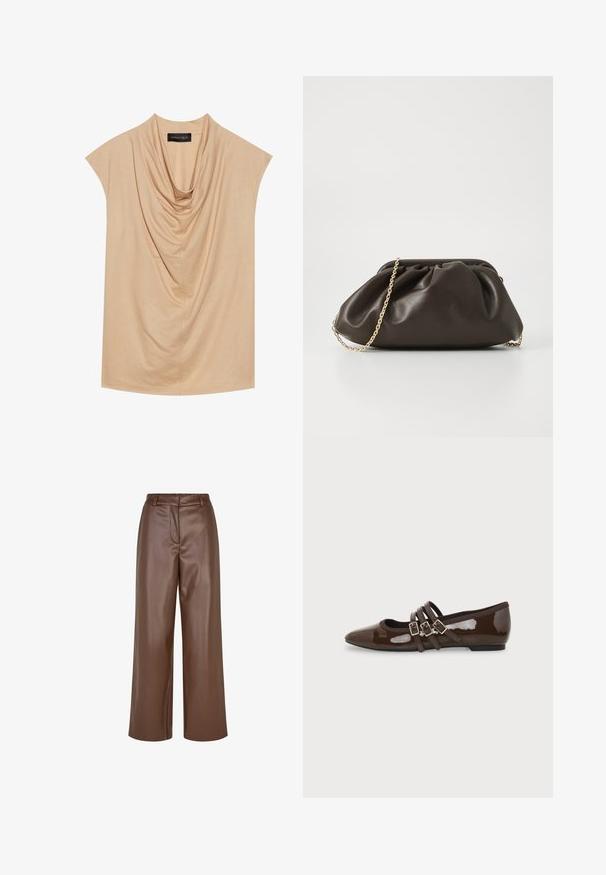 Haut beige drapé en tissu doux, avec des manches courtes et un col drapé. Texture lisse avec des plis subtils.; Pantalons larges en simili cuir marron avec une texture lisse, des passants de ceinture et un pli avant au niveau de la taille.; Chaussure plate en cuir verni marron avec bout pointu et trois brides ajustables à boucle sur le côté, vue du profil extérieur.; Sac à main en cuir marron avec un design froncé, une bandoulière en chaîne dorée et une finition douce et texturée. Sa forme compacte est idéale pour une utilisation en soirée.
