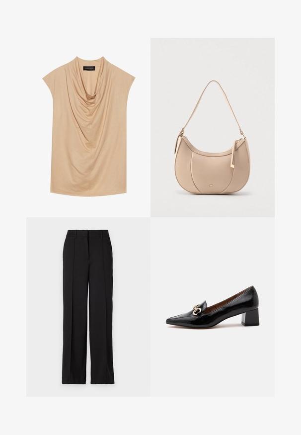 Beige draperet top lavet af blødt stof med korte ærmer og en cowl-halsudskæring. Glat tekstur med subtile folder gennem hele toppen.; Sorte bukser med en lige ben design, der har to forreste folder, en talje og ingen synlige lommer eller dekorative elementer.; Sort laklæder loafer med lav blokhæl, guldkædedetalje på toppen, spids snude og brun indvendig foring.; Beige skuldertaske i læder med halvmåneform, lynlåslukning øverst og en aftagelig rem. Har hardware i guldtoner og syninger som detaljer.
