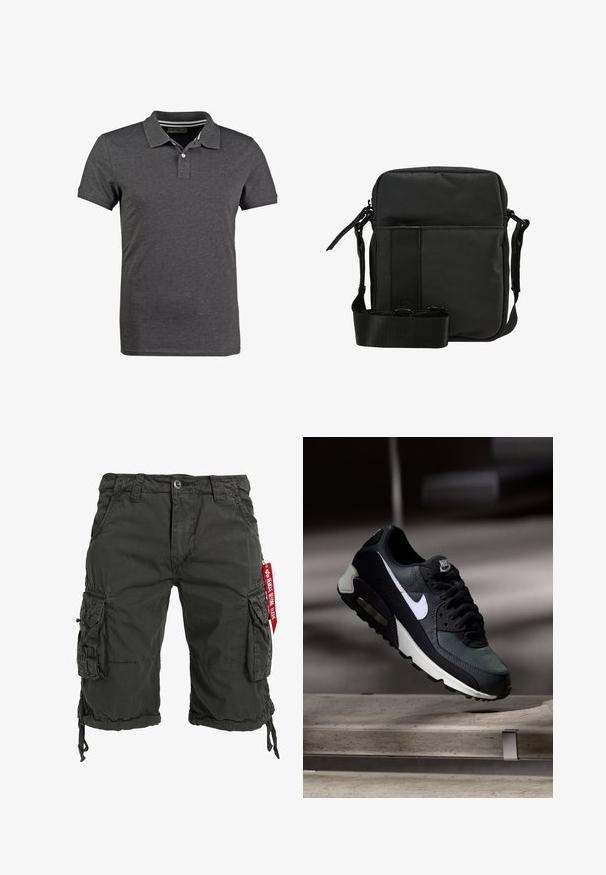 Grau Polohemd aus weichem Stoff, mit klassischem Kragen, kurzen Ärmeln und einer Knopfleiste mit drei Knöpfen. Gestreiftes Detail im Kragen.; Dunkelgrüne Cargo-Shorts aus strapazierfähigem Material, mit mehreren Seitentaschen, einem Kordelzugsaum und einem roten Etikettakzent.; Schwarzer und grauer Nike Air Max Sneaker mit weißem Swoosh, schwebend über einer Betonfläche vor einem verschwommenen dunklen Hintergrund.; Kompakte schwarze Messenger-Tasche aus strukturiertem Stoff mit dezentem Muster, ausgestattet mit verstellbarem Riemen und Reißverschluss.