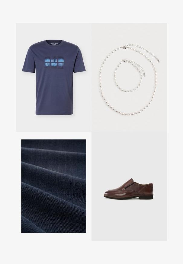 Navyblauw T-shirt met korte mouwen, een ronde hals en een abstracte blauw-zwarte rechthoekige grafische print op de borst.; Donkerblauwe denimstof met een geribbelde textuur, zichtbaar met plooien en golven, die het gewicht en de duurzaamheid benadrukt.; Bruine leren instapschoen met een ronde neus, elastische zijaccenten en een lage rubberen zool. Bevat subtiele stiksels langs de rand.; Parelketting en bijpassende armband met zilveren ketting sluitingen, gerangschikt op een witte achtergrond.