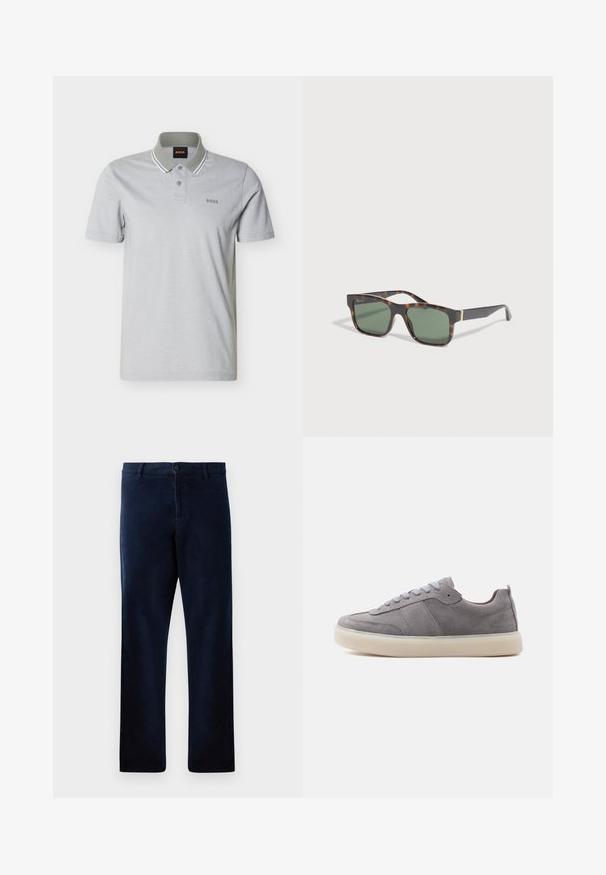 Polo à manches courtes gris clair avec deux boutons, col côtelé avec rayures blanches et logo "BOSS" sur la poitrine.; Pantalons bleu marine en tissu doux et texturé, avec une fermeture à bouton et une coupe droite, dotés de détails de couture subtils.; Baskets basses en daim gris avec semelle en caoutchouc blanche et lacets gris, montrées de profil sur un fond blanc.; Lunettes de soleil rectangulaires en écaille avec des verres verts et des branches fines, exposées sur une surface claire.