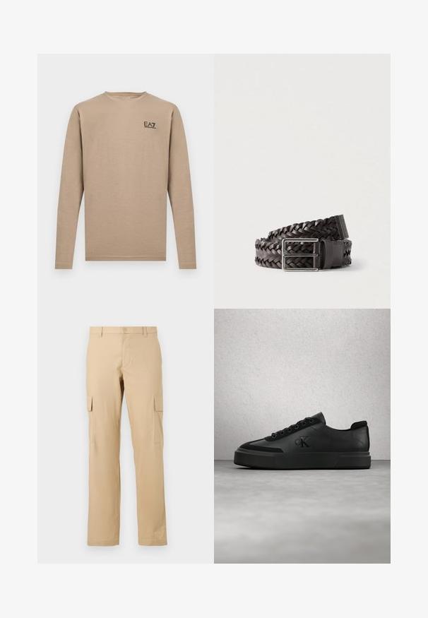 Camiseta beige de manga larga con cuello redondo y pequeño logo negro de EA7 Emporio Armani en la parte superior izquierda del pecho.; Pantalones cargo beige de algodón con corte recto, que presentan bolsillos laterales y un cierre de botón en la cintura. Textura suave, sin patrones.; Zapatilla deportiva negra de corte bajo con cordones y logo en relieve, flotando sobre un suelo de hormigón pulido cerca de una pared con paneles de vidrio.; Cinturón tejido de cuero marrón con una hebilla rectangular plateada y un detalle de cuero liso cerca de la hebilla con la marca.