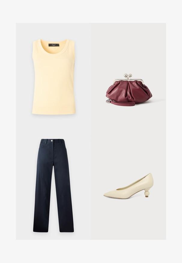 Débardeur en maille côtelée sans manches de couleur jaune pâle avec col rond et étiquette de marque noire à l'intérieur du col.; Pantalon bleu marine foncé avec une coupe droite, fabriqué en tissu lisse. Comprend des poches avant, une fermeture à bouton et des détails de couture subtils.; Chaussure femme couleur crème à bout pointu avec un petit talon rond en forme de boule, sur fond uni.; Petite pochette en cuir bordeaux avec fermoir en métal argenté et bracelet pour poignet sur fond blanc.