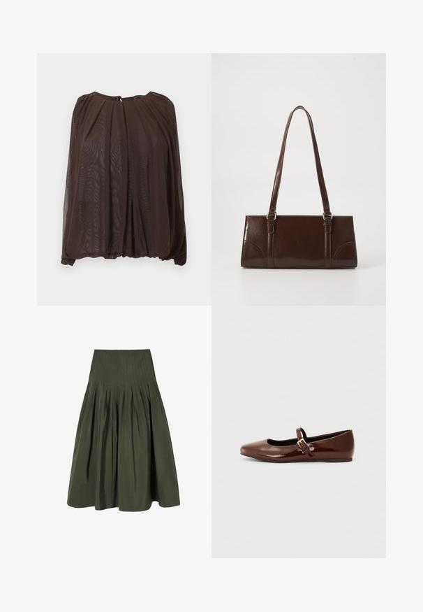 Blouse transparente marron foncé avec manches longues, encolure froncée et coupe ample et fluide sur un fond uni.; Jupe verte plissée en tissu léger. Dotée d'une taille cintrée et d'une silhouette évasée, avec une texture lisse.; Ballerine en cuir verni marron avec un bout carré et une lanière ornée d'une petite boucle dorée. Texture lisse, talon bas et design minimaliste.; Sac à main en cuir verni marron de forme rectangulaire, avec deux longues poignées et des accents courbés subtils à l'avant.