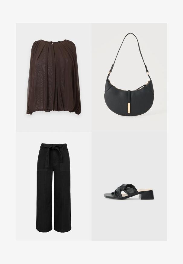 Dunkelbraune, transparente Bluse mit langen Ärmeln, gerafftem Ausschnitt und lockerem, fließendem Schnitt vor einfarbigem Hintergrund.; Schwarze, hoch taillierte Hose mit weitem Bein, vorderen aufgesetzten Taschen und einem Stoffgürtel, der in einer Schleife an der Taille gebunden ist.; Schwarze Ledersandale mit einem gedrehten Oberdesign, quadratischer Zehenpartie und einem niedrigen Blockabsatz, ausgestattet mit einer glatten Textur und minimalistischen Stil.; Schwarze halbmondförmige Handtasche mit einem einzelnen Träger, goldenem Reißverschluss und einer goldenen rechteckigen dekorativen Lasche vorne.