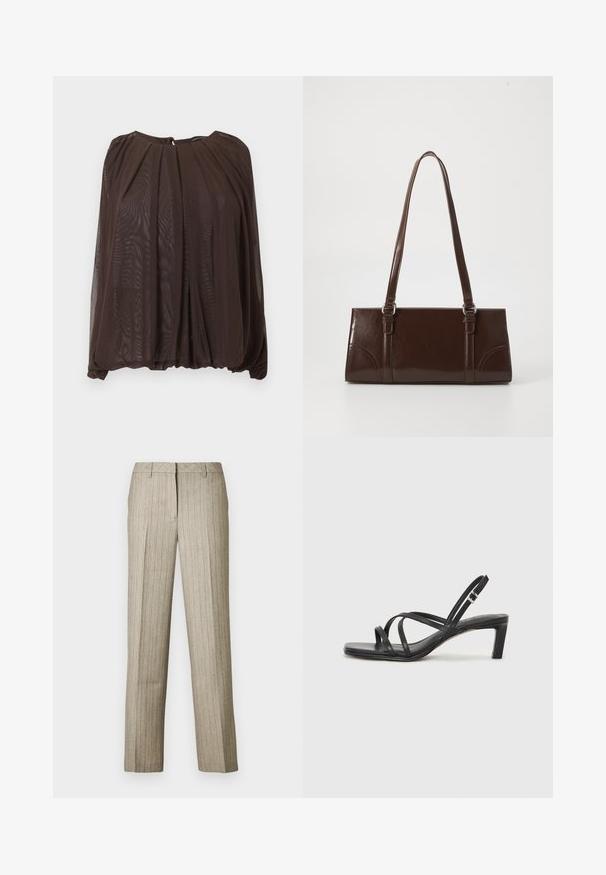 Donkerbruine doorschijnende blouse met lange mouwen, geplooide halslijn en losse, vloeiende pasvorm tegen een effen achtergrond.; Beige pantalon met krijtstrepen en een rechte pijp, voorzien van een gestructureerde tailleband en een subtiele textuur in de stof.; Zwarte sandaal met bandjes, vierkante teen en een lage blokhak. Voorzien van meerdere dunne bandjes en een verstelbare enkelband. Gemaakt van zacht leer.; Bruine lakleren handtas met een rechthoekige vorm, twee lange handvatten en subtiele gebogen accenten aan de voorkant.