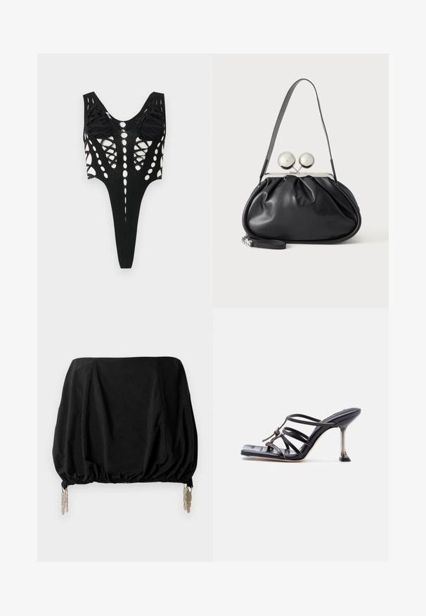 Sort bodysuit med udsparinger og snøredetaljer, der har en åben ryg og en ribbet tekstur. Højt skårede benåbninger.; Sort cropped top med en samlede design, med elastisk kant og metalliske clips som detaljer. Fremstillet af et letvægtsstof.; Sort højhælet sandal med stropper, firkantet tå og tynd stilet hæl, med overlappende stropper og en knudedetalje på overdelen.; Sort læderhåndtaske med opsamlet design, en enkelt rem, sølv metalramme og to store runde sølv lukninger.