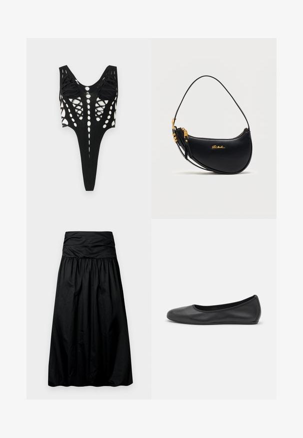 Bodysuit noir avec des découpes et des lacets, présentant un dos ouvert et une texture côtelée. Ouvertures de jambe à coupe haute.; Jupe noire mi-longue avec un design froncé, fabriquée dans un matériau lisse. Elle présente une large ceinture froncée en haut.; Ballerines en cuir noir avec un bout rond, texture lisse, détails de couture minimalistes et design de semelle flexible.; Sac à main en cuir noir en forme de croissant avec une fermeture éclair dorée, une bandoulière réglable et un petit logo doré "Steve Madden" à l'avant.