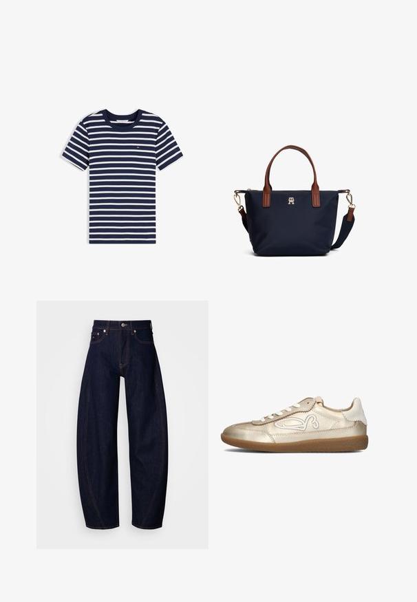 Navyblauw en wit horizontaal gestreept T-shirt met korte mouwen, ronde hals en klein logo op de borst.; Donkerblauwe denim jeans met een losse pasvorm, voorzien van een hoge taille, oranje stiksels, klassiek ontwerp met vijf zakken en een knoopsluiting.; Gouden leren sneaker met een ronde neus, witte accenten en een rubberen zool. Beschikt over een decoratief ontwerp langs de zijkant en veters.; Marineblauwe handtas met bruine leren handvatten, gouden beslag, een afneembare schouderband en een klein gouden logo in het midden.