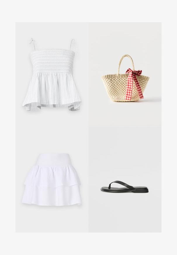 Top blanco sin mangas con corsé fruncido y dobladillo acampanado. Presenta rayas verticales en gris claro y tirantes ajustables para un ajuste seguro.; Falda blanca de volantes hecha de un tejido ligero, con un diseño ligero que cuenta con una cinturilla elástica y dos capas con volantes.; Chancla negra de piel suave, con un diseño de tira delgada y una suela plana de perfil mínimo. Sin patrones ni acentos notables.; Bolso tote de paja tejido con asas trenzadas y un lazo de cinta a cuadros rojos y blancos atado a un lado.