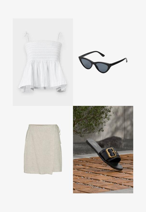 Λευκό strapless τοπ με σμάλτο και φαρδύ στρίφωμα. Διαθέτει κατακόρυφες ανοιχτού γκρι ρίγες και ρυθμιζόμενους ιμάντες για ασφαλή εφαρμογή.; Ανοιχτό μπεζ λινό φούστα περιτυλίγματος με υφή, διαθέτοντας κλείσιμο με κορδόνι στο πλάι και ευθεία στριφώση.; Μαύρο σανδάλι με φαρδιά λουρί και μεγάλη χρυσή αγκράφα, τοποθετημένο σε ξύλινο δάπεδο με πράσινο φυτό και γκρι τοίχο στο φόντο.; Μαύρα γυαλιά ηλίου cat-eye με σκούρους γκρίζους φακούς, κομψό πλαστικό σκελετό, μυτερές γωνίες και ίσιους βραχίονες. Χωρίς ορατό υλικό ή διακοσμητικά στοιχεία.