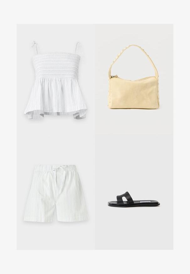 Top blanc sans bretelles avec un corsage smocké et un ourlet évasé. Présente des rayures verticales grises claires et des bretelles à nouer ajustables pour un ajustement sécurisé.; Shorts pour homme en tissu léger, avec des rayures verticales bleu clair et blanches, dotés d'une taille élastique et d'un cordon de serrage.; Sandale plate noire avec deux larges brides, un détail découpé sur une des brides et une finition lisse mate. Semelle fine et flexible.; Petit sac à main en cuir beige avec une seule bandoulière et des clous argentés le long des bords et de la bandoulière, posé sur un fond uni.