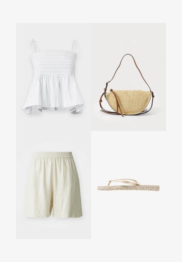 Top blanco sin mangas con corsé fruncido y dobladillo acampanado. Presenta rayas verticales en gris claro y tirantes ajustables para un ajuste seguro.; Pantalones cortos de lino, color crema, con una cintura elástica y un corte holgado. Diseño sencillo, textura suave y sin patrones o accesorios visibles.; Sandalia plana beige con suela trenzada y finas tiras metálicas doradas, vista de perfil sobre fondo blanco.; Bolso de paja tejido con forma de media luna, que cuenta con una correa y acentos de cuero marrón. Textura de color natural con bordes suaves.