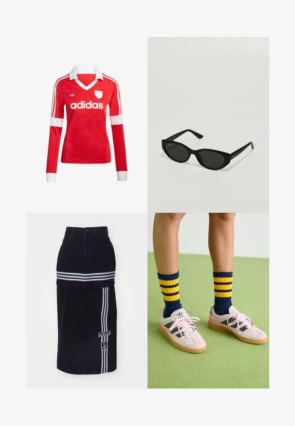 Punane pikade varrukatega jalgpallipluus valge krae ja varrukateotstega. Omab kolme valget triipu õlgadel ja väljapaistvat "adidas" logo.; Musta denimsinine seelik kõrge vöökohaga, millel on kaks valget horisontaalset triipu, Adidas logo silt külje peal ja sirge lõikega disain.; Kerged roosa seemisnahast tossud mustade triipudega ja kummist tallaga, koos tumesiniste ja kollaste triipudega ribakudumiga sokkidega. Roheline tekstuuriga põrand.; Mustad mustaga paari prille kitsaste kassi-silmadega. Valmistatud siledast plastikust, tumedate läätsede ja peente logode aktsentidega templitel.