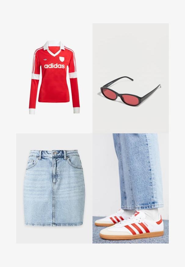 Rotes Fußballtrikot mit langen Ärmeln, weißem Kragen und weißen Ärmelbündchen. Es hat drei weiße Streifen auf den Schultern und das "adidas"-Logo ist auffällig platziert.; Hellblauer Jeans-Minirock mit Frontknopf, Gürtelschlaufen, zwei Vordertaschen und sichtbarer vertikaler Naht in der Mitte.; Weiße Leder Sneaker mit roten Streifen und Akzenten. Verfügt über eine strukturierte Gummi-Laufsohle und einen gepolsterten Schaft. Tragen mit hellblauer Jeans.; Schwarze ovale Sonnenbrille mit schlanken Bügeln und rot getönten Gläsern, die auf einer weißen Oberfläche liegt.