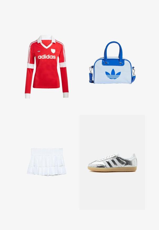 Maillot de football à manches longues rouge avec un col et des poignets blancs. Présente trois rayures blanches sur les épaules et le logo "adidas" affiché en évidence.; Shorts blancs à volants avec une taille smockée, dotés de tissu superposé et de détails texturés subtils. Design léger et décontracté.; Baskets basses avec texture en cuir de serpent métallique argenté, rayures blanches, lacets blancs et semelle en gomme claire sur fond blanc.; Sac à main bleu et blanc avec une finition brillante, doté de deux poignées bleues, d'une bandoulière amovible et d'un logo bleu bien visible à l'avant.
