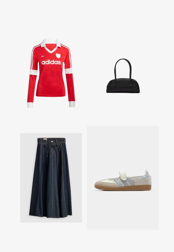 Maillot de football à manches longues rouge avec un col et des poignets blancs. Présente trois rayures blanches sur les épaules et le logo "adidas" affiché en évidence.; Levi's® XL SKIRT - Jupe en jean - square circle; adidas Originals SAMBA JANE BALLERINA - Babies - cloud white/halo blue; Sac à main en cuir noir avec des poignées longues et arrondies et un corps rectangulaire incurvé, doté d'une fermeture éclair supérieure.
