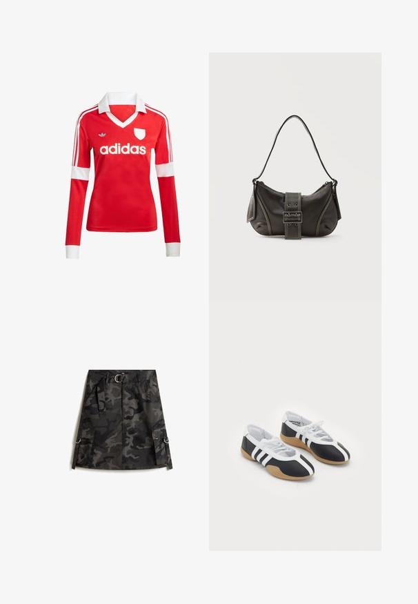 Rød langærmet fodboldtrøje med hvid krave og manchetter. Har tre hvide striber på skuldrene og "adidas" logoet fremtrædende vist.; Kamuflage nederdel i mørkegrå og sort, med en frontlynlås, bælte med sølvspænde og to cargo-lommer med ringe.; Sort-hvide sportsko med et slankt design, gummisål, snørebåndslukning og tre hvide striber på siden.; Sort læder skuldertaske med spænde på remmen, afrundede kanter og kontrasterende hvide syninger på en ensfarvet baggrund.
