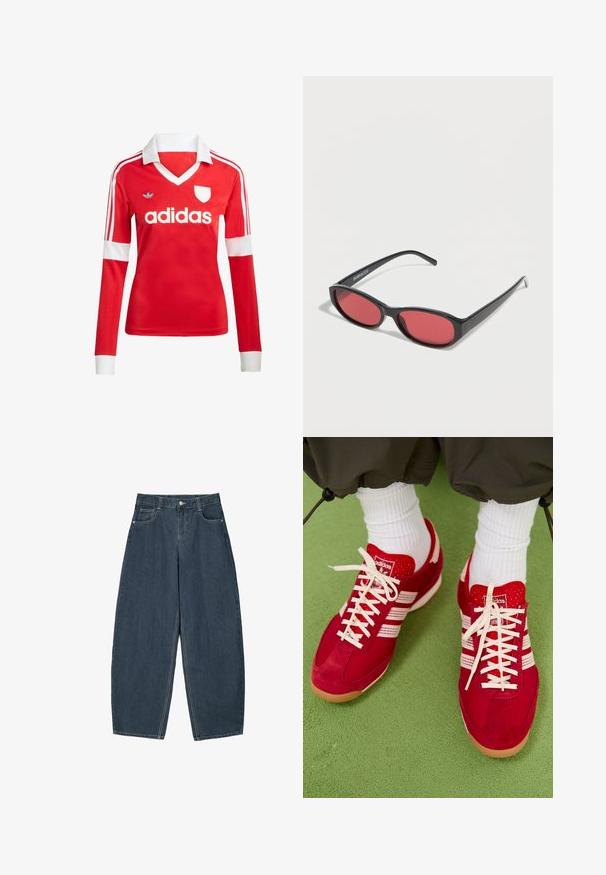 Rød langærmet fodboldtrøje med hvid krave og manchetter. Har tre hvide striber på skuldrene og "adidas" logoet fremtrædende vist.; Mørkeblå denim buede bukser med høj talje, som har fem lommer og synlige stingdetaljer. Ren, minimalistik design.; Røde ruskind og mesh sportssko med hvide striber og snørebånd. Gummisål. Båret med hvide ribbede sokker på en grøn tekstureret overflade.; Sorte ovale solbriller med tynde arme og rødtonede linser, der ligger på en hvid overflade.