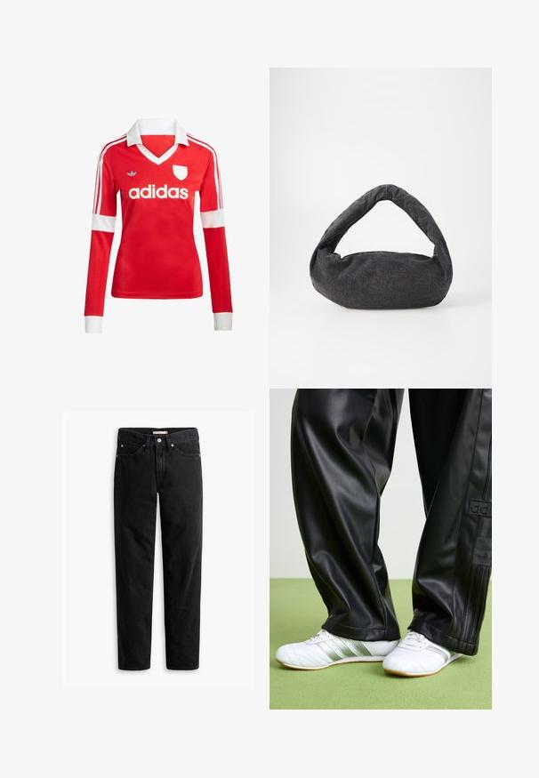 Rotes Fußballtrikot mit langen Ärmeln, weißem Kragen und weißen Ärmelbündchen. Es hat drei weiße Streifen auf den Schultern und das "adidas"-Logo ist auffällig platziert.; Schwarze gerade Jeans mit Knopf- und Reißverschluss, Gürtelschlaufen sowie Vorder- und Gesäßtaschen, auf weißem Hintergrund flach präsentiert.; Schwarze Kunstlederhosen mit einer lockeren Passform, die eine glatte Textur und seitliche Streifen aufweisen. Kombiniert mit weißen Sneakers mit silbernen Akzenten.; Dunkelgraue Stofftasche mit einem gebogenen Griff, weicher Textur und runder Form. Keine sichtbaren Beschläge oder Verzierungen.