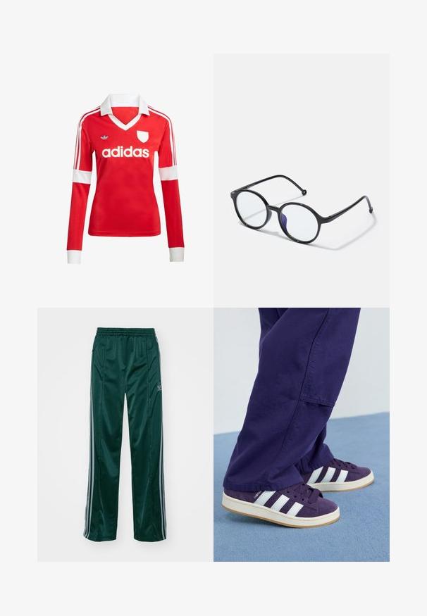 Červený futbalový dres s dlhým rukávom a bielym golierom a manžetami. Na ramenách sú tri biele pruhy a výrazne zobrazené logo "adidas".; Tmavozelené športové nohavice vyrobené z lesklého materiálu, s bočnými pruhmi v svetlošedej farbe a vyšitým logom na ľavom stehne.; Fialové semišové tenisky s bielymi pruhmi a šnúrkami, so štruktúrovaným vrchom a svetlým gumovým podošvom.; Kruhové čierne okuliare s tenkými rámčekmi, čírymi šošovkami a jemným purpurovým odtieňom na jednej strane; elegantný dizajn s lesklým povrchom.