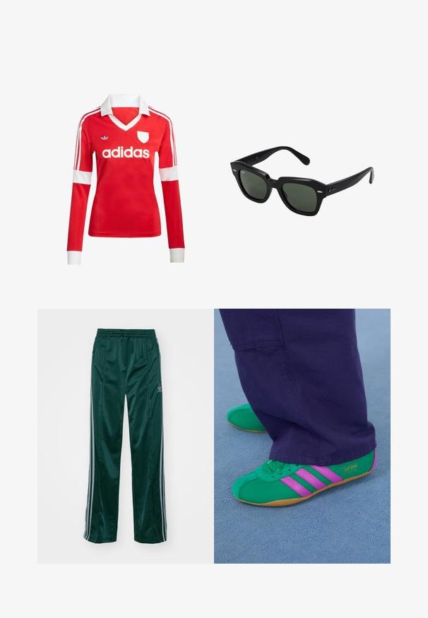 Červený futbalový dres s dlhým rukávom a bielym golierom a manžetami. Na ramenách sú tri biele pruhy a výrazne zobrazené logo "adidas".; Tmavozelené športové nohavice vyrobené z lesklého materiálu, s bočnými pruhmi v svetlošedej farbe a vyšitým logom na ľavom stehne.; Zeleno-fialové semišové športové topánky s tromi pruhovými akcentmi a gumovou podrážkou, kombinované s fialovými nohavicami, na jemnom modrom povrchu.; Čierne slnečné okuliare štvorcového tvaru s tmavozelenými sklami, s výraznými rámami a striebornými akcentmi po stranách. Vyrobené v Taliansku.