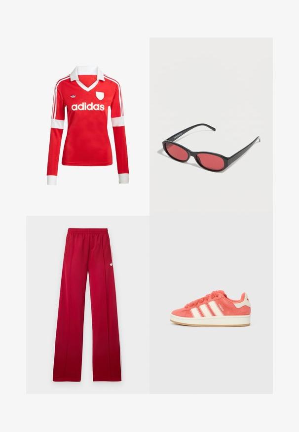 Červený futbalový dres s dlhým rukávom a bielym golierom a manžetami. Na ramenách sú tri biele pruhy a výrazne zobrazené logo "adidas".; Červené široké teplákové nohavice s elastickým pásom, bočnými zipsovými vreckami, bielymi pruhmi po stranách a malým bielym logom na ľavom stehne.; Ružové semišové tenisky s krémovými prúžkami, okrúhlymi šnúrkami a textúrovaným jazykom. Obsahujú gumenú podrážku a logo na päte.; Čierne oválne slnečné okuliare s tenkými ramenami a červenými tónovanými šošovkami ležia na bielom povrchu.