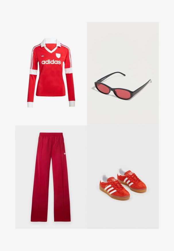 Rode lange mouwen voetbalshirt met een witte kraag en manchetten. Heeft drie witte strepen op de schouders en het "adidas" logo prominent weergegeven.; Rode trainingsbroek met wijd uitlopende pijpen, elastische tailleband, zijzakken met rits, witte strepen aan de zijkanten en een klein wit logo op de linker dij.; Rode suède sneakers met witte strepen, rubberen gumzool, gewatteerde kraag en logo op de tong. Klassiek ontwerp met textuur op de bovenkant.; Zwarte ovale zonnebril met slanke pootjes en rood getinte glazen, rustend op een witte ondergrond.