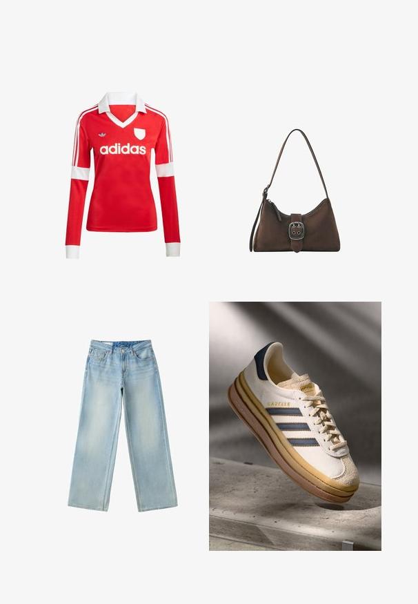 Červený futbalový dres s dlhým rukávom a bielym golierom a manžetami. Na ramenách sú tri biele pruhy a výrazne zobrazené logo "adidas".; Svetlomodré široké džínsy s prednými vreckami, pásom so zapínaním na gombík a jemne vyblednutými detailmi na stehnách.; Tenisky Adidas Gazelle so smotanovým semišovým horným dielom, modrými koženými akcentmi, tromi modrými pruhmi, béžovou medzipodrážkou a hnedou gumovou podrážkou.; Malá hnedá kabelka cez rameno so striebornou sponou a zipsom, s jedným popruhom na nosenie.