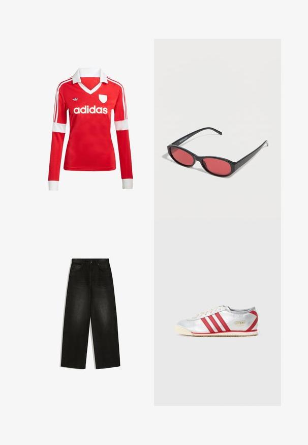 Rotes Fußballtrikot mit langen Ärmeln, weißem Kragen und weißen Ärmelbündchen. Es hat drei weiße Streifen auf den Schultern und das "adidas"-Logo ist auffällig platziert.; Schwarze High-Waist Jeans mit weitem Bein, Vordertaschen, Gürtelschlaufen und Knopfverschluss, flach auf weißem Hintergrund dargestellt.; Adidas Sneaker mit einem silbernen Synthetik-Obermaterial, drei roten Streifen, beige Sohle und einem goldenen Logo an der Seite, mit einem flachen Design.; Schwarze ovale Sonnenbrille mit schlanken Bügeln und rot getönten Gläsern, die auf einer weißen Oberfläche liegt.