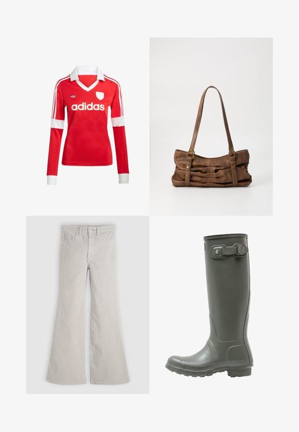 Rød langærmet fodboldtrøje med hvid krave og manchetter. Har tre hvide striber på skuldrene og "adidas" logoet fremtrædende vist.; Lysgrå, flagrende jeans lavet af blødt bomuldsdenim, med knaplukning, fem-lomme-design og subtilt slid for tekstur.; Grønne gummistøvler i knæhøjde med en tekstureret sål, rund tå, justerbar spænde på siden og glat finish.; Even&Odd Håndtasker - brown