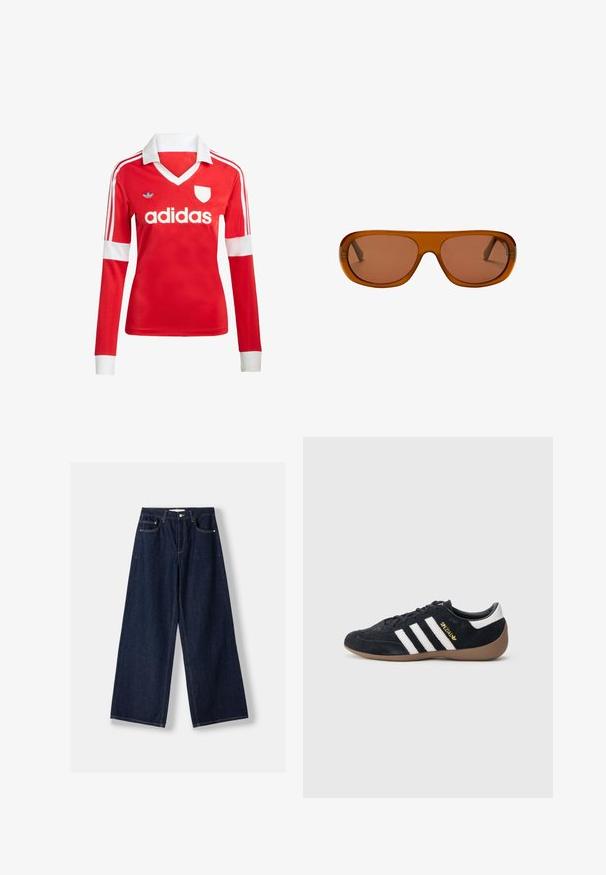 Rød langærmet fodboldtrøje med hvid krave og manchetter. Har tre hvide striber på skuldrene og "adidas" logoet fremtrædende vist.; Mørkeblå vidde denimjeans med knap- og lynlås foran, forlommer og bæltestropper, lagt fladt på en hvid baggrund.; Sort ruskindssneaker med tre hvide striber, gummisål og et lille gyldent logo på siden. Har en glat sort foring indvendigt.; Brune oversized rektangulære solbriller med tykke stel og matchende tonede linser vist mod en hvid baggrund.