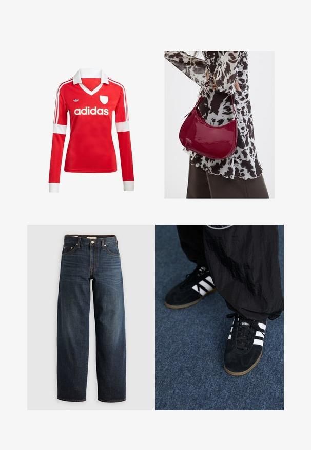 Punane pikade varrukatega jalgpallipluus valge krae ja varrukateotstega. Omab kolme valget triipu õlgadel ja väljapaistvat "adidas" logo.; Tumedad sinise teksased, sirgeda disainiga, viie taskuga ja pealmise õmblusega, ning nööbiga sulgemine.; Mustad nahast spordijalatsid kolme valge triibuga ja mustade kingapaeltega. Kingade kõrval on osaliselt nähtavad tekstureeritud mustad püksid.; Naine, kes kannab must-valget mustriga pluusi ja hoiab läikivat punast õlakotti ühevärvilise tausta ees.