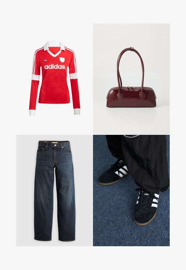 Červený futbalový dres s dlhým rukávom a bielym golierom a manžetami. Na ramenách sú tri biele pruhy a výrazne zobrazené logo "adidas".; TMavo modré džínsy vyrobené z denimu, s rovnými nohavicami, piatimi vreckami, zdobením švov a zapínaním na gombík.; Čierne roháčiky z semišu so tromi bielymi pruhmi a čiernymi šnúrkami. Texturované čierne nohavice sú čiastočne viditeľné vedľa topánok.; Bordová kožená kabelka s zakriveným tvarom, dvojakými uchami, zipsovým zatvorením a jemnými štepovými detailmi. Hladký, vysokolesklý povrch.