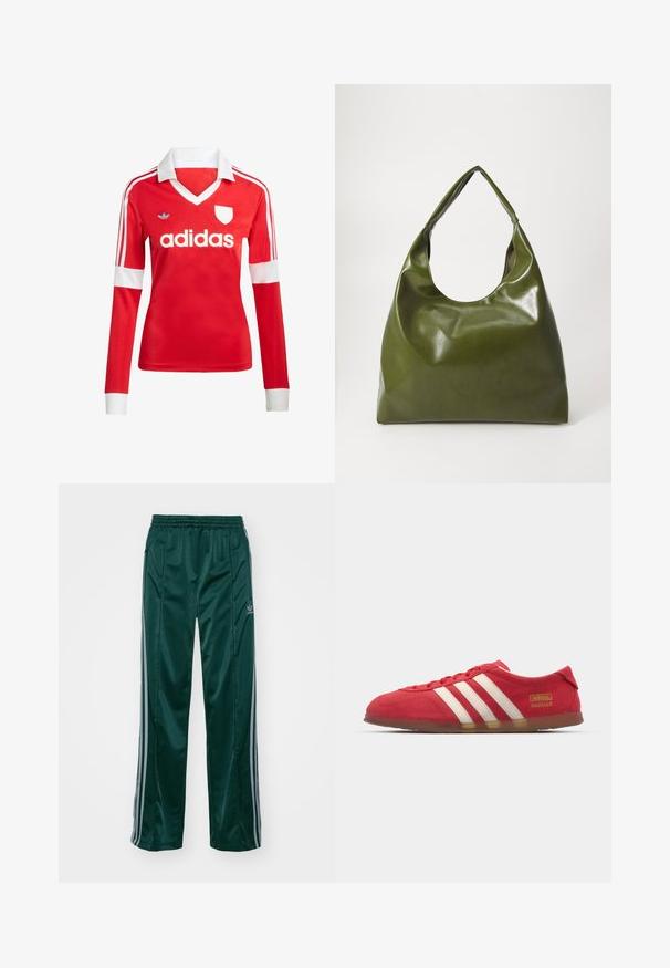 Rotes Fußballtrikot mit langen Ärmeln, weißem Kragen und weißen Ärmelbündchen. Es hat drei weiße Streifen auf den Schultern und das "adidas"-Logo ist auffällig platziert.; Dunkelgrüne Sporthosen aus glänzendem Material, mit seitlichen Streifen in Hellgrau und einem gestickten Logo auf dem linken Bein.; Rote Wildledersneaker mit weißem Drei-Streifen-Design, flacher Außensohle und goldenen Logodetails. Niedrig geschnittenes Design mit runder Zehenpartie und Schnürverschluss.; Grüne Leder-Hobo-Tasche mit einem lässigen Design, gebogenem Griff und glatter Textur. Enthält keine sichtbaren Beschläge oder Akzente.