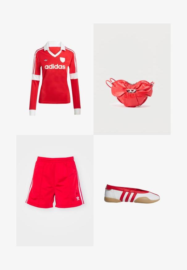 Rode lange mouwen voetbalshirt met een witte kraag en manchetten. Heeft drie witte strepen op de schouders en het "adidas" logo prominent weergegeven.; Rode sportieve shorts met een elastische tailleband, voorzien van witte zijstreepjes en een geborduurd logo aan de onderste linkerkant. Glad textuur.; Rode en witte platte schoen met een afgeronde neus, gemaakt van glad synthetisch materiaal. Heeft drie rode strepen en een beige rubberen zool.; Rode leren handtas in hartvorm, met plooien, een zilveren rits en een opvallend metalen logo aan de voorkant.
