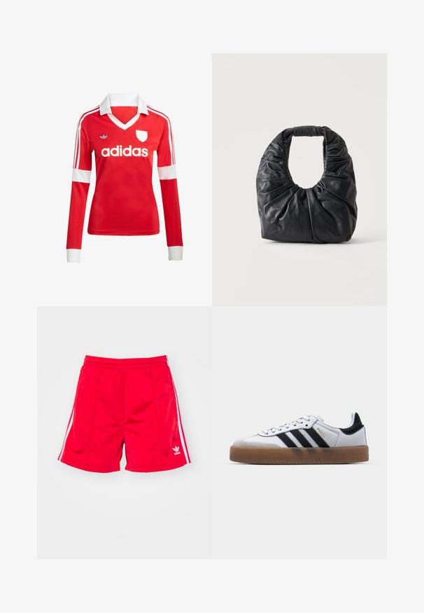 Maillot de football à manches longues rouge avec un col et des poignets blancs. Présente trois rayures blanches sur les épaules et le logo "adidas" affiché en évidence.; Shorts de sport rouges avec une taille élastique, présentant des rayures blanches sur les côtés et un logo brodé en bas à gauche. Texture lisse.; Baskets en cuir blanc avec des rayures noires, semelle extérieure en caoutchouc beige, bout rond, fermeture lacée et embout en suède gris doux.; Sac à épaule en cuir souple noir avec des plis froncés et une poignée arrondie, debout sur un fond clair uni.