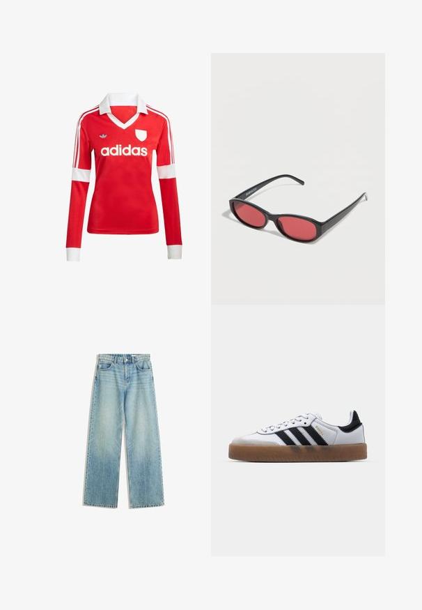 Maillot de football à manches longues rouge avec un col et des poignets blancs. Présente trois rayures blanches sur les épaules et le logo "adidas" affiché en évidence.; Jean denim bleu clair avec une coupe évasée, taille mi-haute, style à cinq poches, coutures contrastantes et décoloration minimale pour un look classique.; Baskets en cuir blanc avec des rayures noires, semelle extérieure en caoutchouc beige, bout rond, fermeture lacée et embout en suède gris doux.; Lunettes de soleil ovales noires avec des branches fines et des verres teintés rouges posées sur une surface blanche.