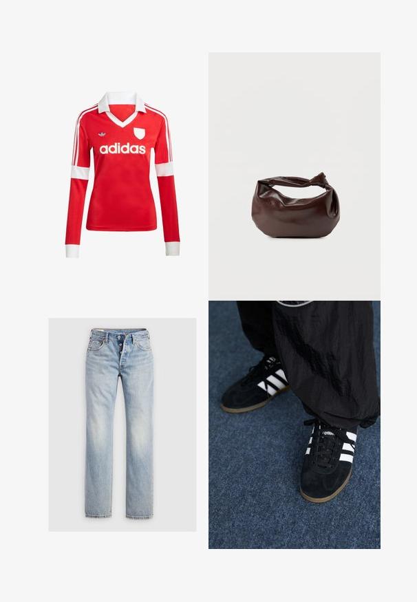Rode lange mouwen voetbalshirt met een witte kraag en manchetten. Heeft drie witte strepen op de schouders en het "adidas" logo prominent weergegeven.; Lichtblauwe denim jeans met een recht gesneden ontwerp, een vijfknopen gulp en achterzakken met subtiele stikdetails.; Zwarte suède sportschoenen met drie witte strepen en zwarte veters. Een gestructureerde zwarte broek is deels zichtbaar naast de schoenen.; Donkerbruine leren schoudertas met een zachte, slungelige vorm en een gedraaide knoopvormige handgreep op een effen witte achtergrond.