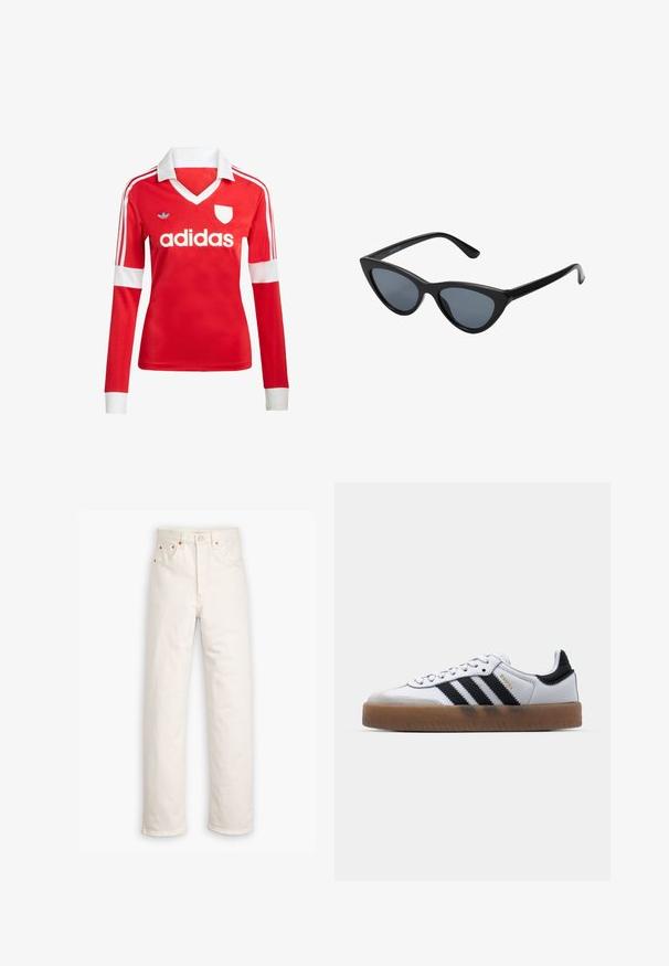 Rotes Fußballtrikot mit langen Ärmeln, weißem Kragen und weißen Ärmelbündchen. Es hat drei weiße Streifen auf den Schultern und das "adidas"-Logo ist auffällig platziert.; Weiße Denim-Jeans mit geradem Bein, im Fünf-Taschen-Stil und mit kupferfarbenen Hardware-Details. Rohschnitt an den Knöcheln.; Weiße Leder Sneakers mit schwarzen Streifen, Gummigummi-Außensohle, runder Zehenform, Schnürverschluss und weichem grauem Wildleder-Zehenkappe.; Schwarze Cat-Eye-Sonnenbrille mit dunkelgrauen Gläsern, schlankem Kunststoffrahmen, spitzen Ecken und geraden Bügeln. Keine sichtbaren Befestigungen oder Akzente.