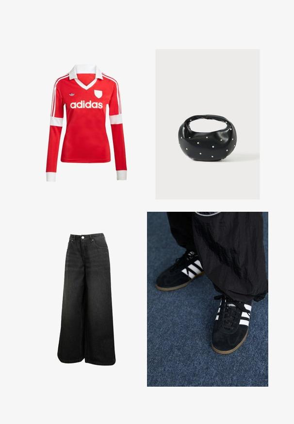 Červený futbalový dres s dlhým rukávom a bielym golierom a manžetami. Na ramenách sú tri biele pruhy a výrazne zobrazené logo "adidas".; Čierne široké rifľové nohavice s vysokým pásom, predným gombíkom, vreckami a subtilným logom na prednom vrecku.; Čierne roháčiky z semišu so tromi bielymi pruhmi a čiernymi šnúrkami. Texturované čierne nohavice sú čiastočne viditeľné vedľa topánok.; Čierna kožená kabelka s zaobleným tvarom, zdobená striebornými cvočkami a krátkym rúčkou. Hladká textúra a zapínanie na zips.