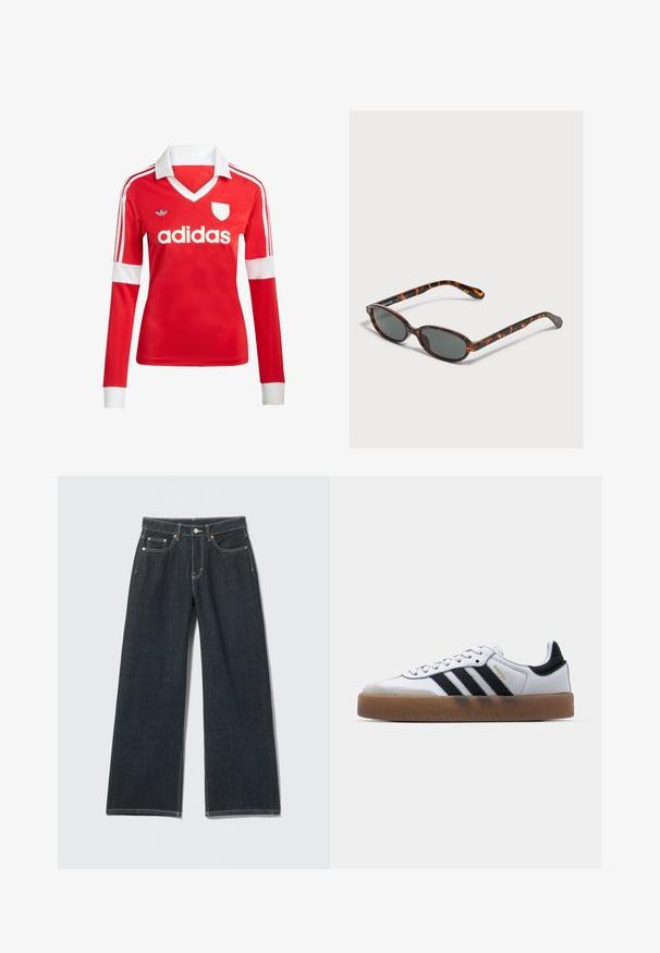 Červený futbalový dres s dlhým rukávom a bielym golierom a manžetami. Na ramenách sú tri biele pruhy a výrazne zobrazené logo "adidas".; Tmavomodré džínsy široké nohavice s predným zapínaním na gombík a zipsom, pútkami na opasok a piatimi vreckami na jednoduchom svetlom pozadí.; Biele kožené tenisky s čiernymi pruhmi, gumová podrážka, okrúhla špička, šnurovanie a mäkký sivý semišový špička.; Malé oválne okrúhle slnečné okuliare v korytnačinovom vzore s tmavými sklami, ktoré ležia na svetlosivom povrchu.